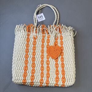 NWT Haute Hippie Beige & Orange Stripe Raffia Straw Tote Bag w/ Heart Keychain